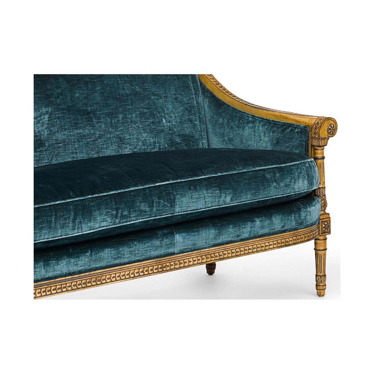 Pair of Louis XVI Style Carved and Laqué Gilded Bergère Settees or Loveseats For Sale 1