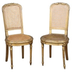 Pair French Louis XVI style Gilded Cane Side Chairs