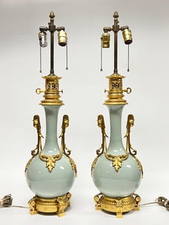 Pair French Louis XVI Style Gilt Bronze and Celadon Glazed Porcelain Table Lamps