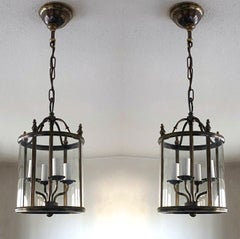 Pair French Louis XVI Style Bronze Clear Crystal Glass Four-Light Lanterns
