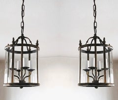 Pair French Louis XVI Style Bronze Clear Crystal Glass Four-Light Lanterns