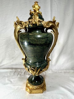 Pair French Louis XVI Style Ormolu Mounted Green Marble Lidded Urns