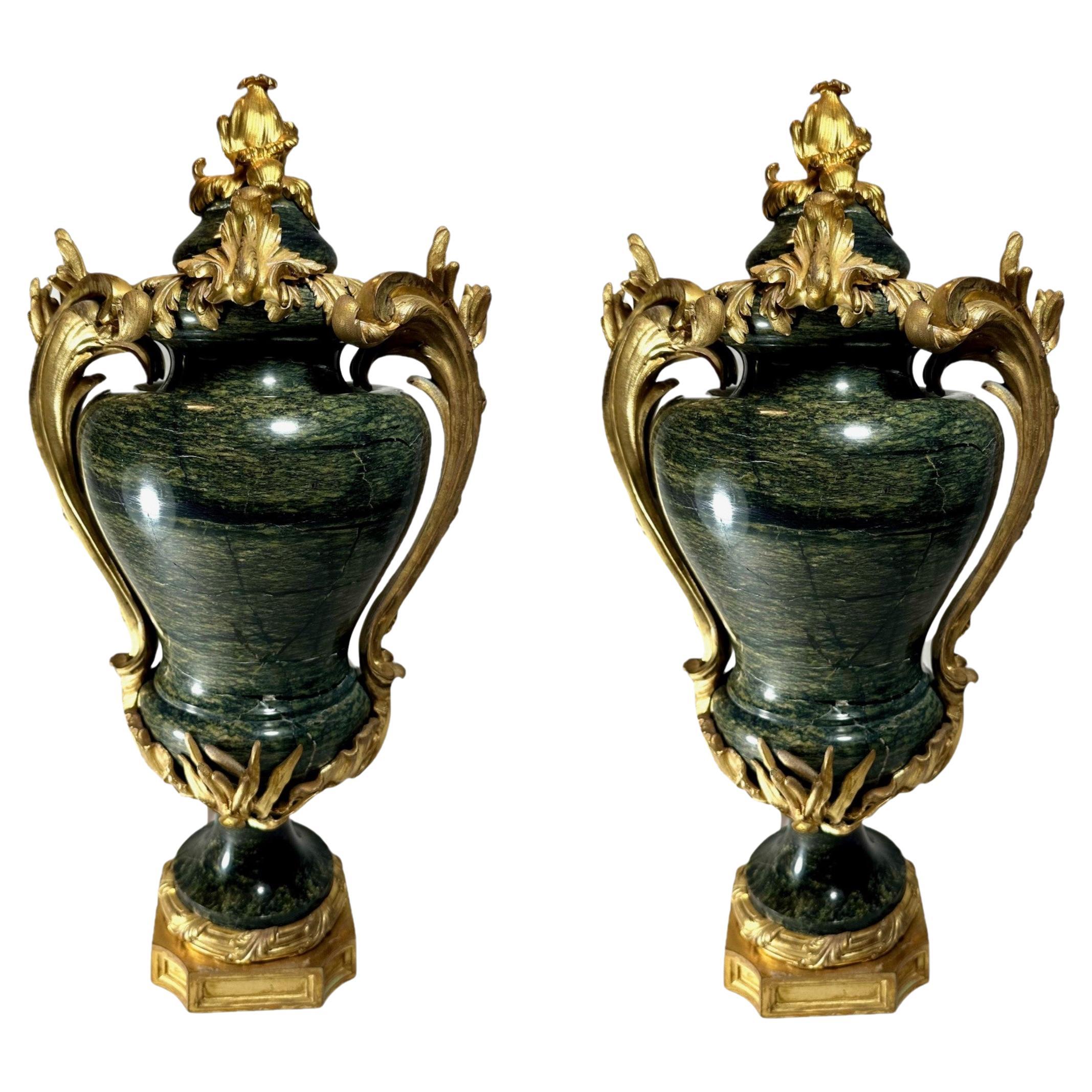 Pair French Louis XVI Style Ormolu Mounted Green Marble Lidded Urns in vendita