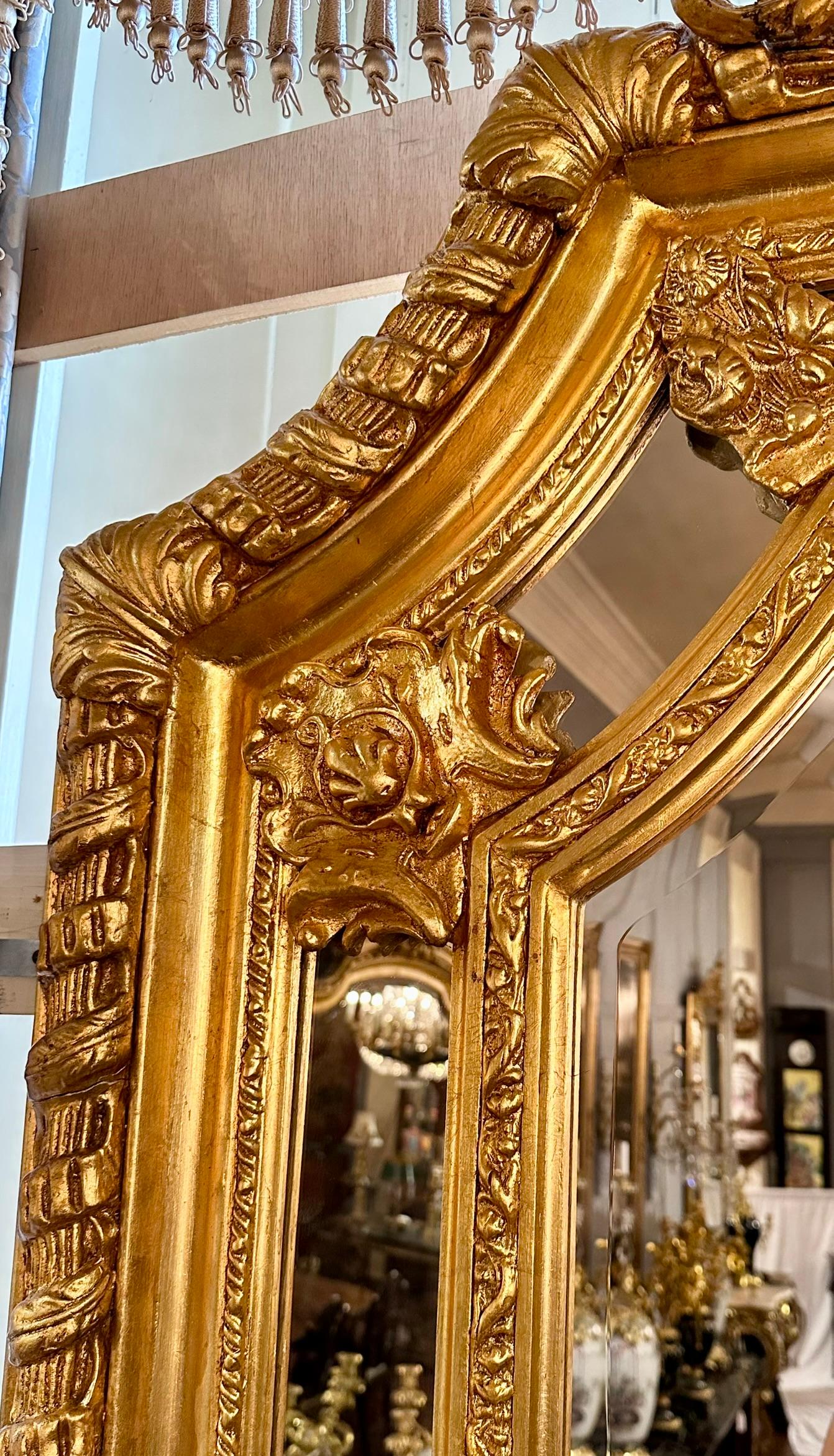 Pair French Louis XVI Style Paneled and Beveled Gold Mirrors. For Sale 1