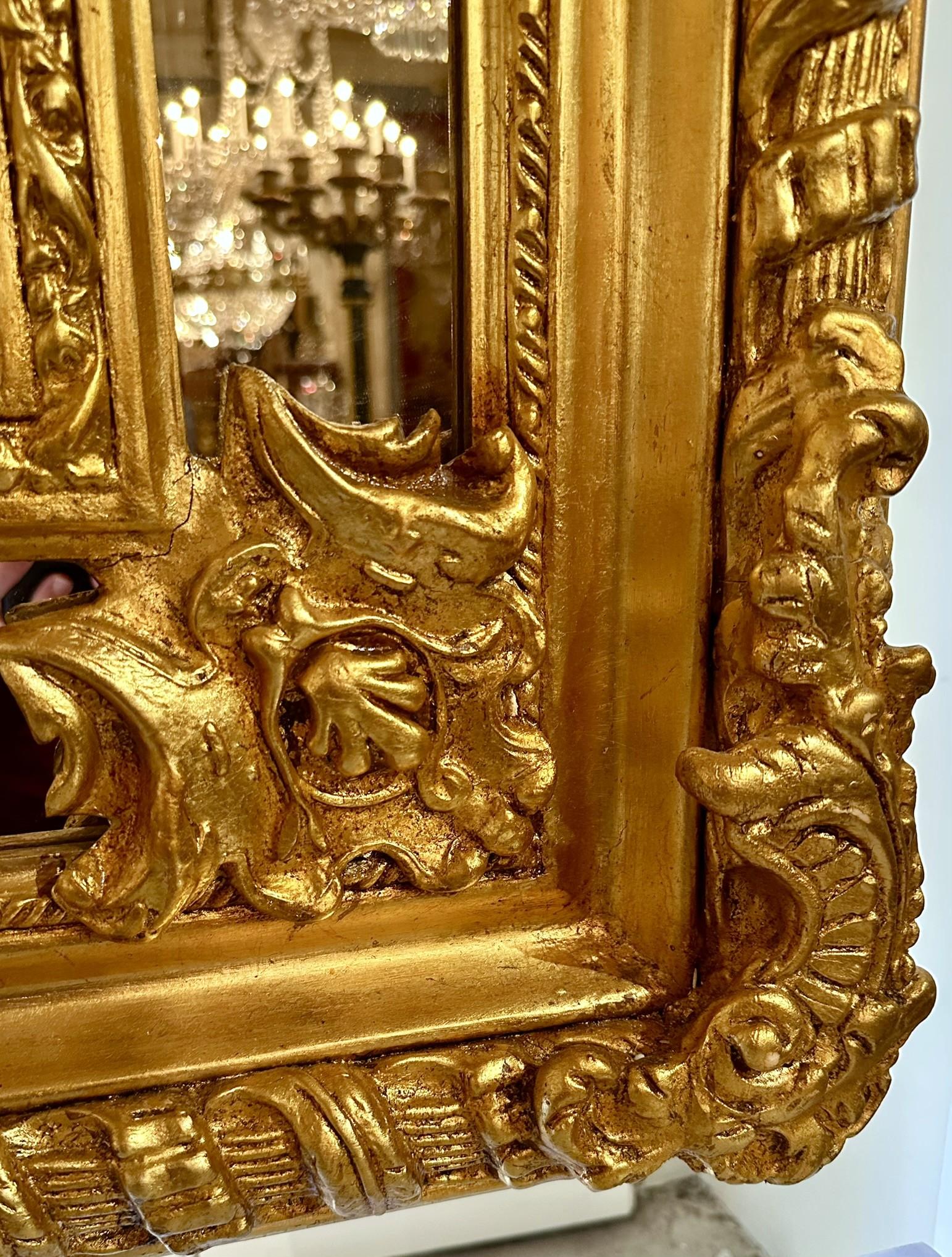 Pair French Louis XVI Style Paneled and Beveled Gold Mirrors. For Sale 4