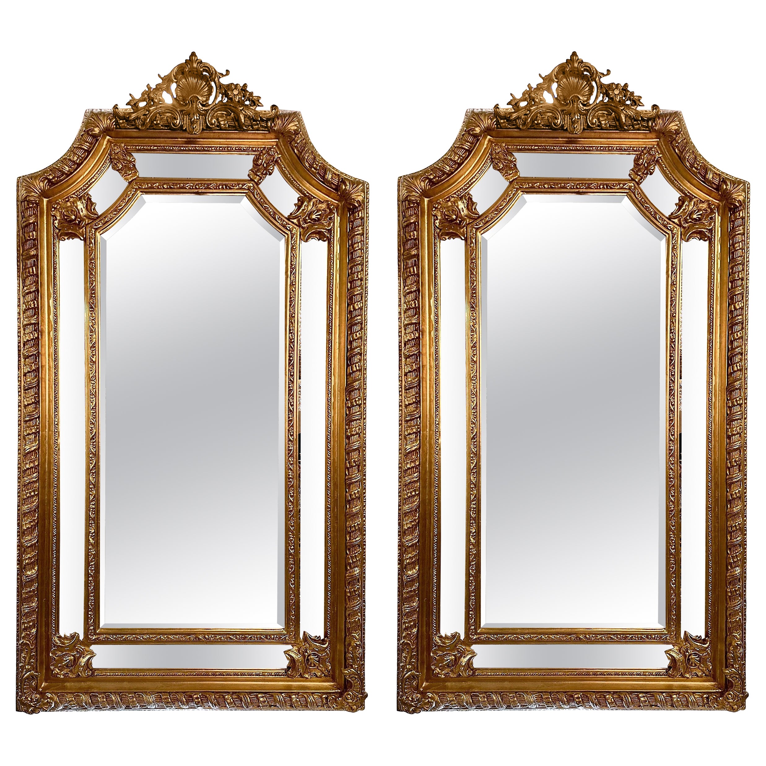 Pair French Louis XVI Style Paneled and Beveled Gold Mirrors. For Sale