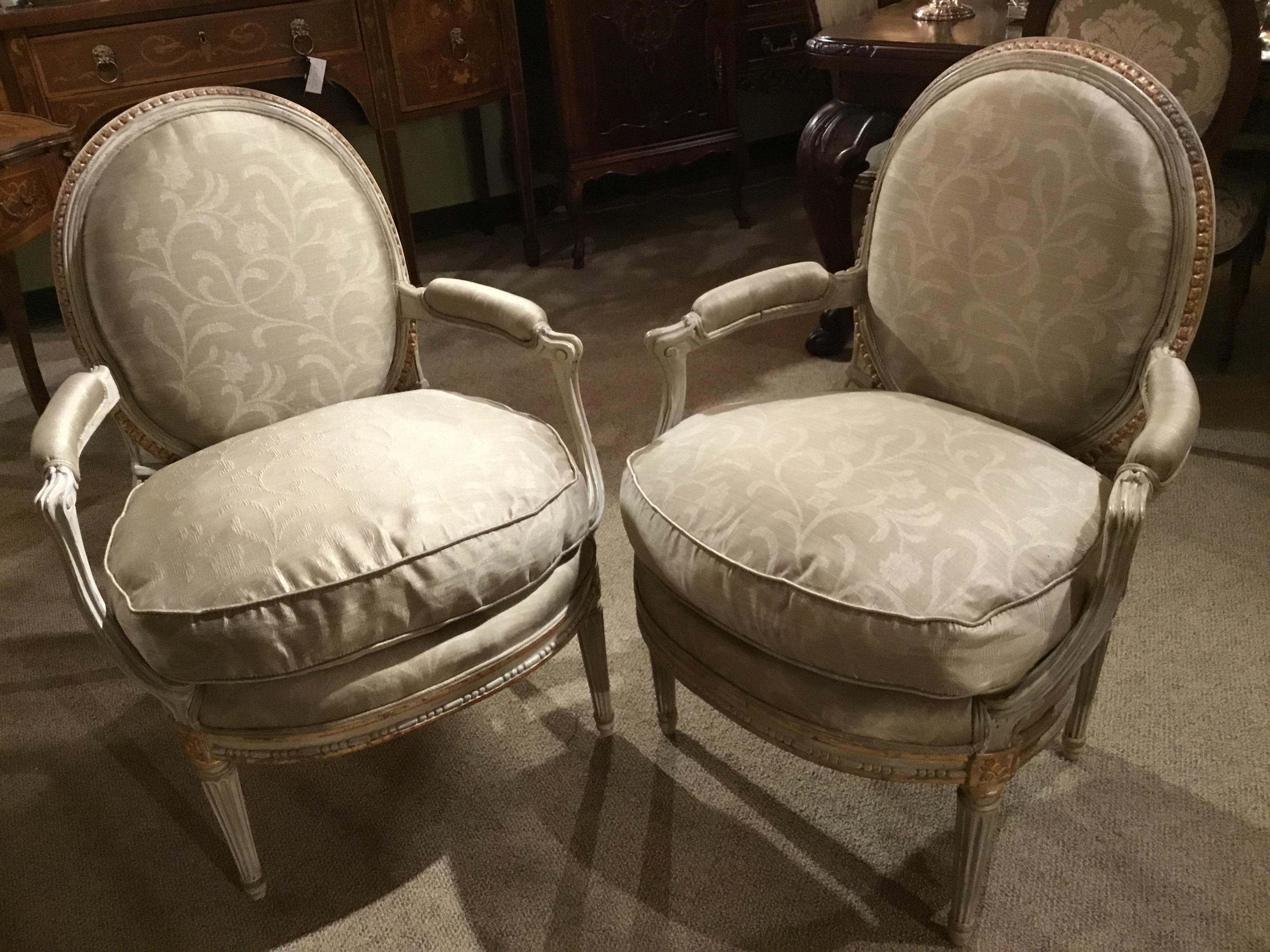 Hardwood Pair of French Louis XVI Style Parcel Paint and Parcel-Gilt Chairs/Fauteuils For Sale