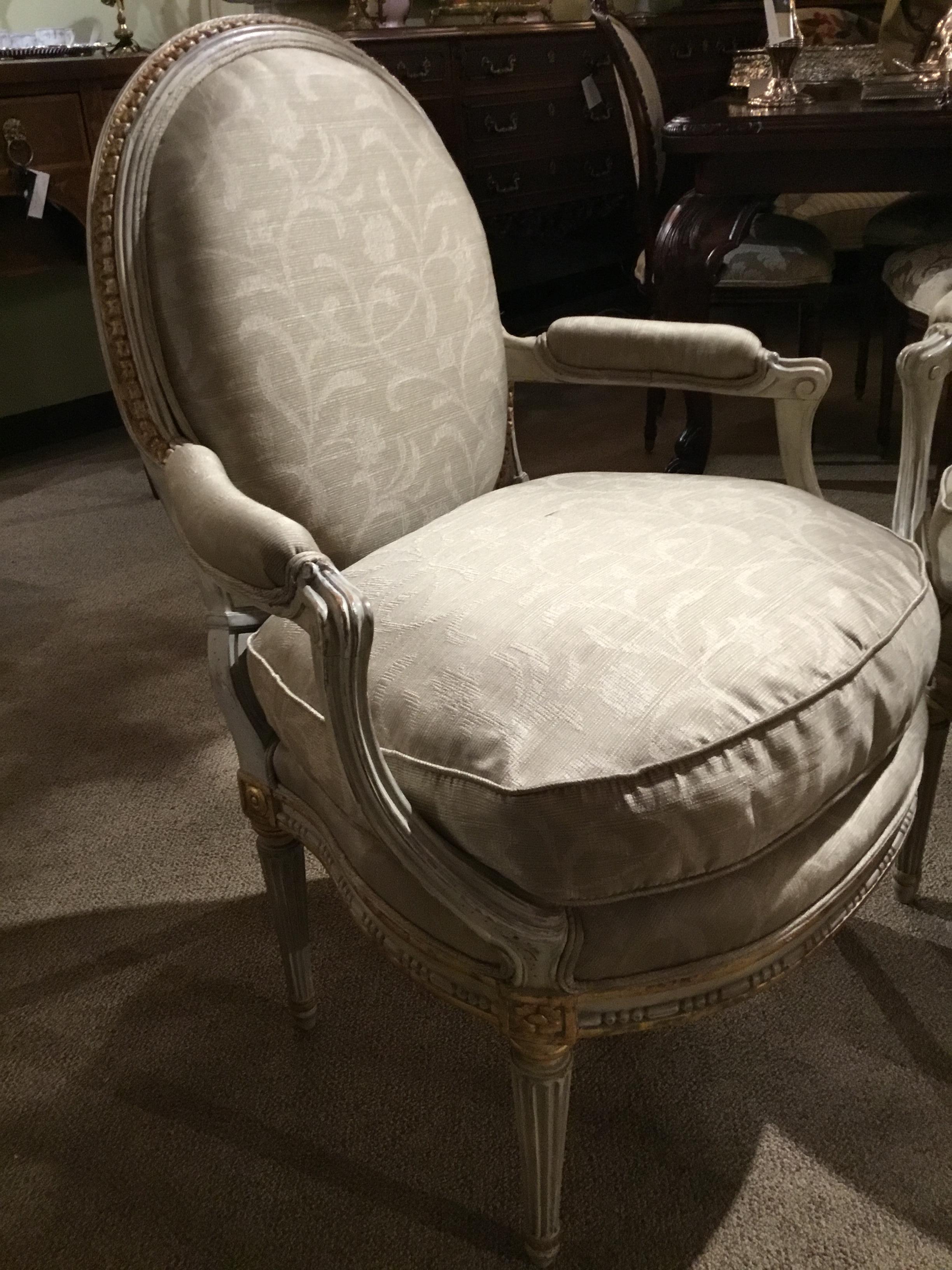 Pair of French Louis XVI Style Parcel Paint and Parcel-Gilt Chairs/Fauteuils For Sale 1