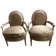 Antique Pair of French Louis XVI Style Parcel Paint and Parcel-Gilt Chairs/Fauteuils