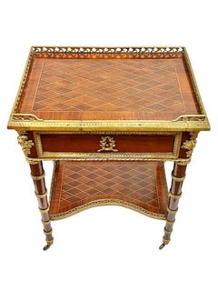 Pair French Louis XVI Style Parquetry Inlaid Bronze Mounted Side Tables
