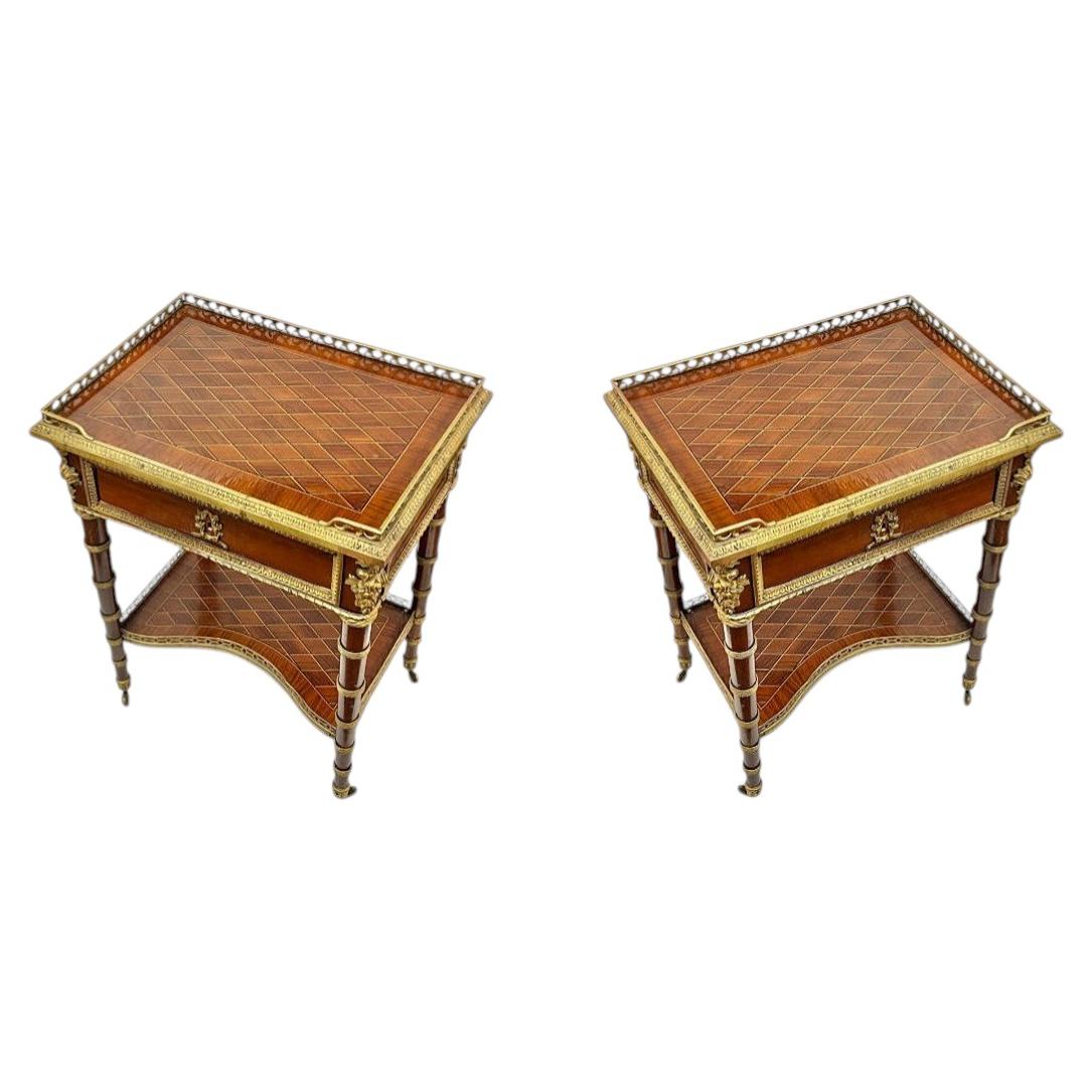 Pair French Louis XVI Style Parquetry Inlaid Bronze Mounted Side Tables