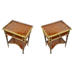 Pair French Louis XVI Style Parquetry Inlaid Bronze Mounted Side Tables