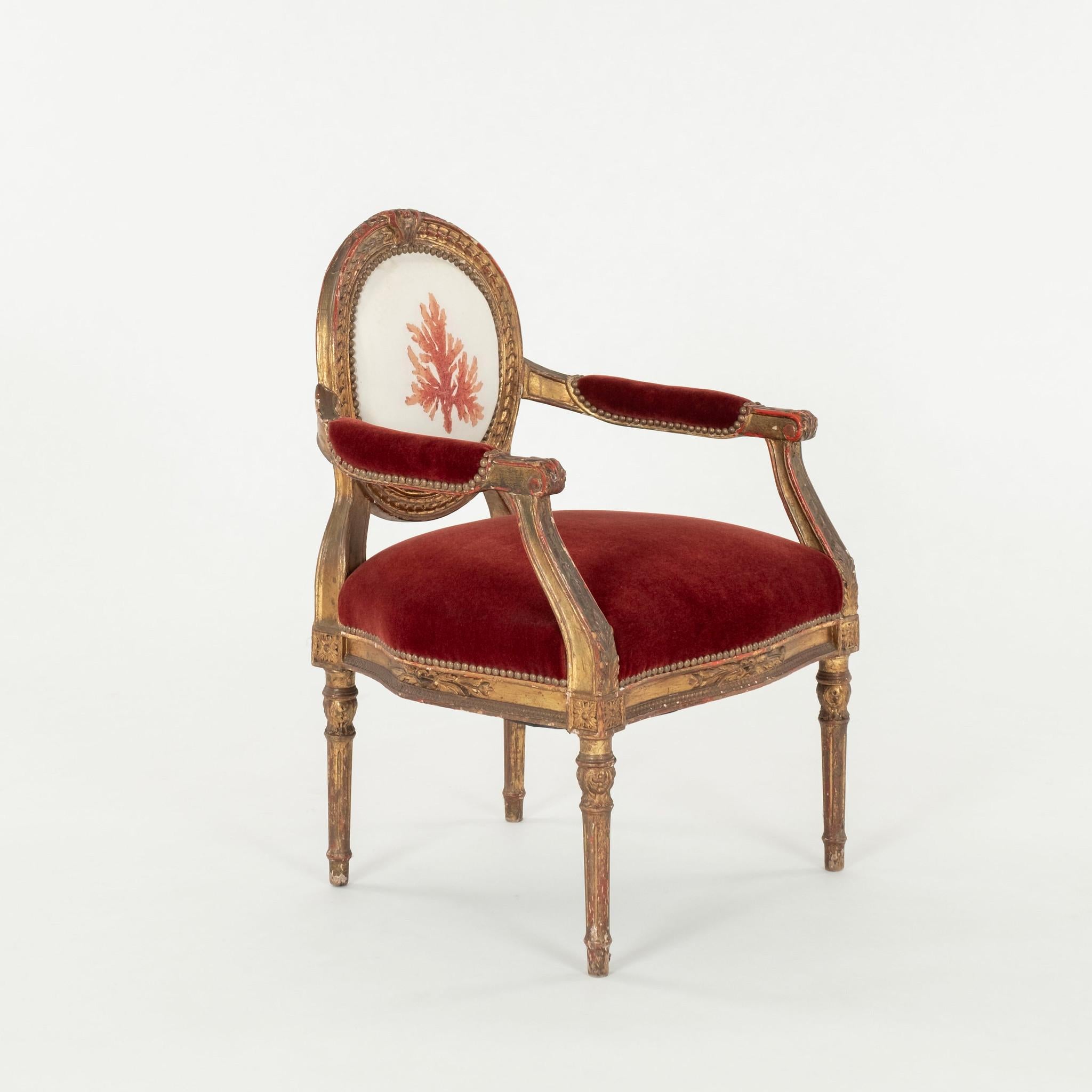 Pair French Louis XVI Style Red Coral  Chairs In Good Condition For Sale In Houston, TX