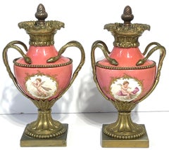 Pair French Louis XVI Style Sèvres Rose Pompadour Ormolu-Mounted Cabinet Vases
