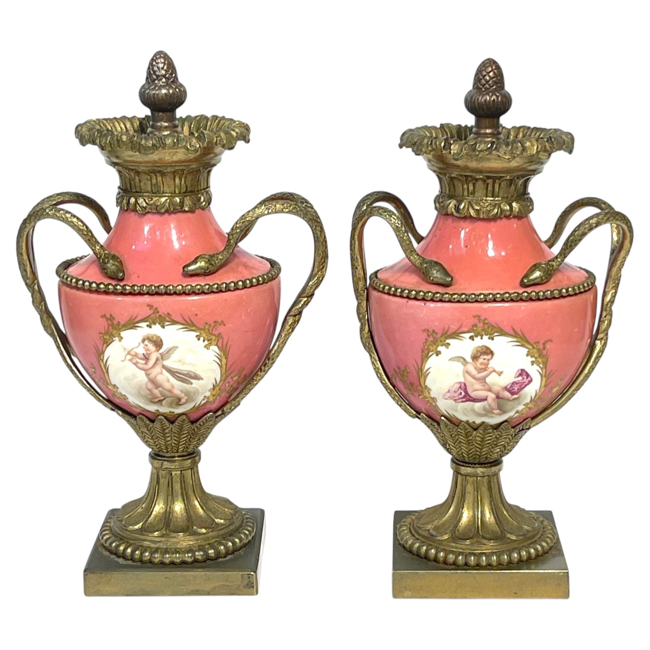 Pair French Louis XVI Style Sèvres Rose Pompadour Ormolu-Mounted Cabinet Vases