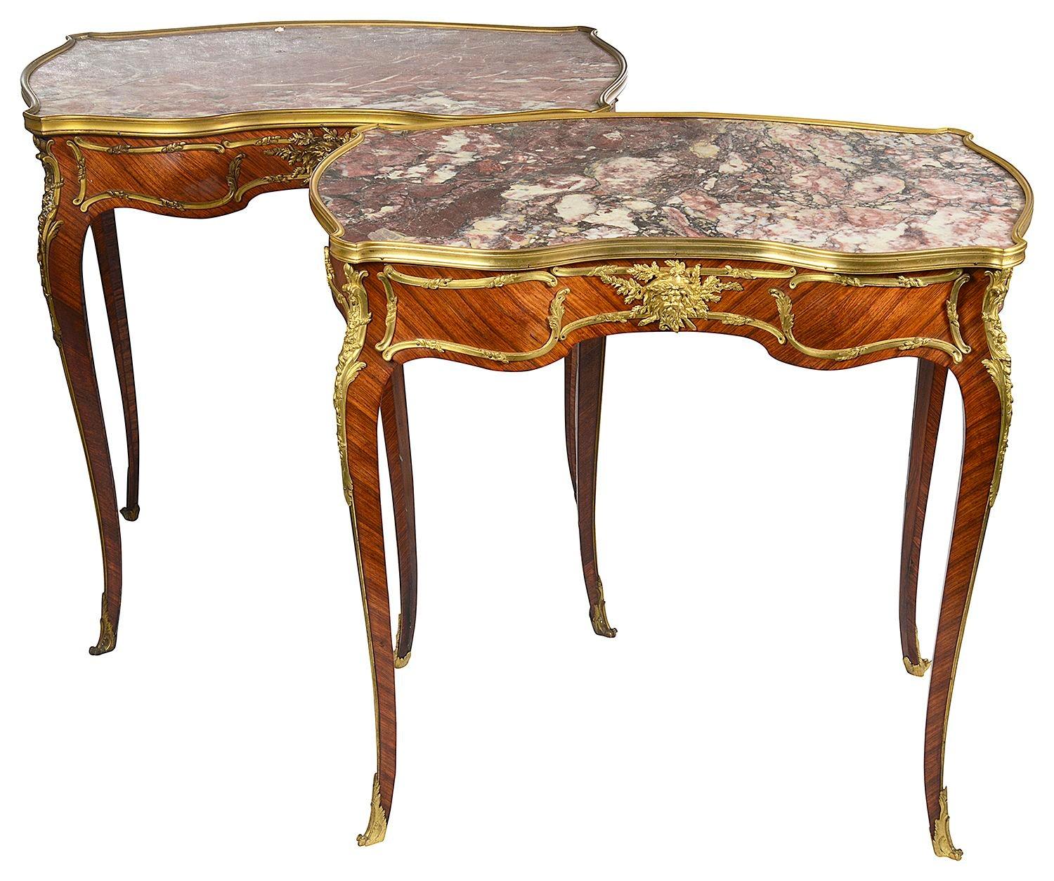 Paire de tables d'appoint de style Louis XVI, avec dessus en marbre, moulures et montures en bronze doré, tiroirs à une frise, reposant sur d'élégants pieds cabriole.
Une table signée ; F. Linke.


Lot 83 VT BTKZZ