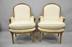 Pair of French Louis XVI Style Upholstered Bergere Armchairs Greenbaum Interiors