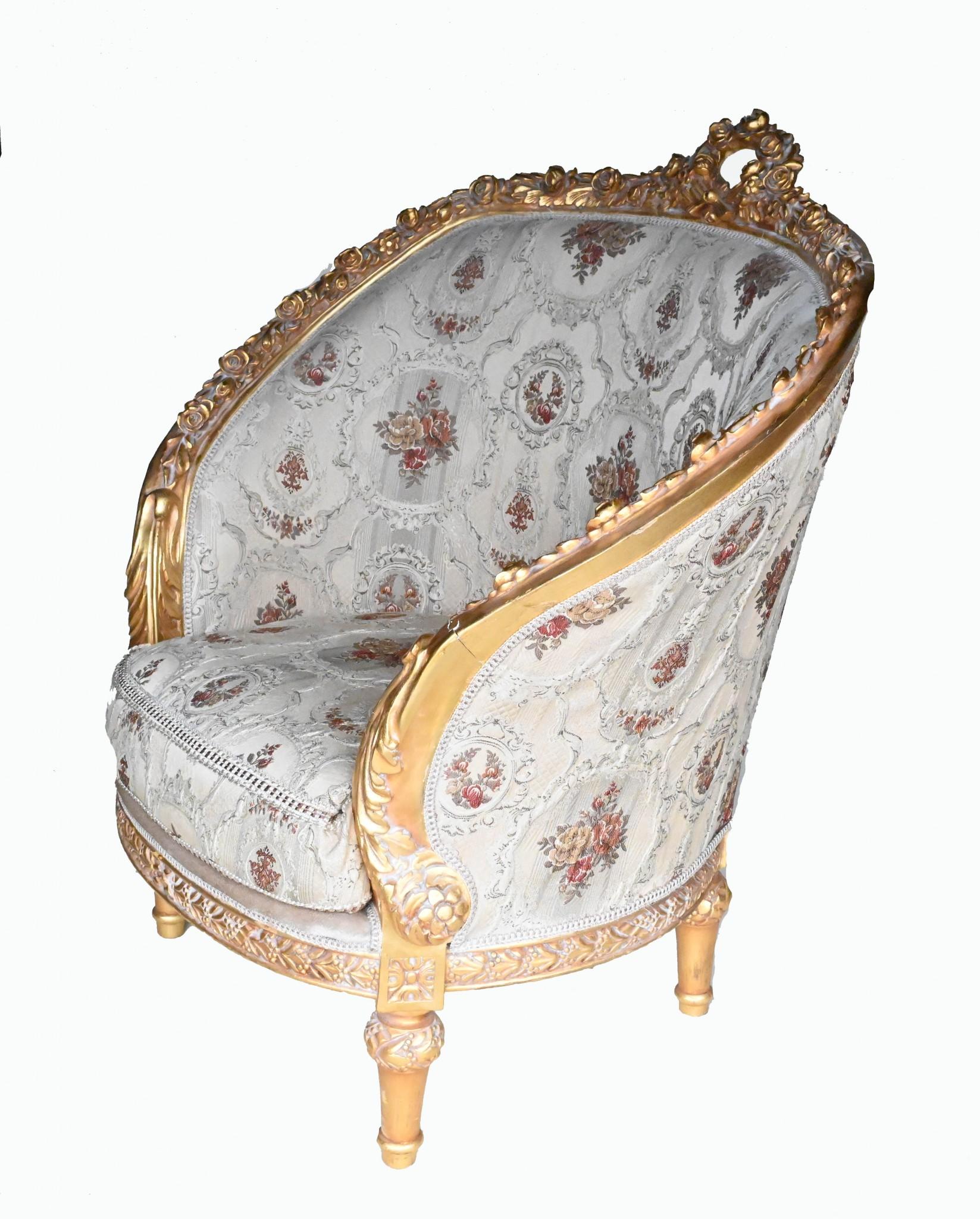 Fabric Pair French Louis XVI Tub Chairs Gilt Arm Chair For Sale