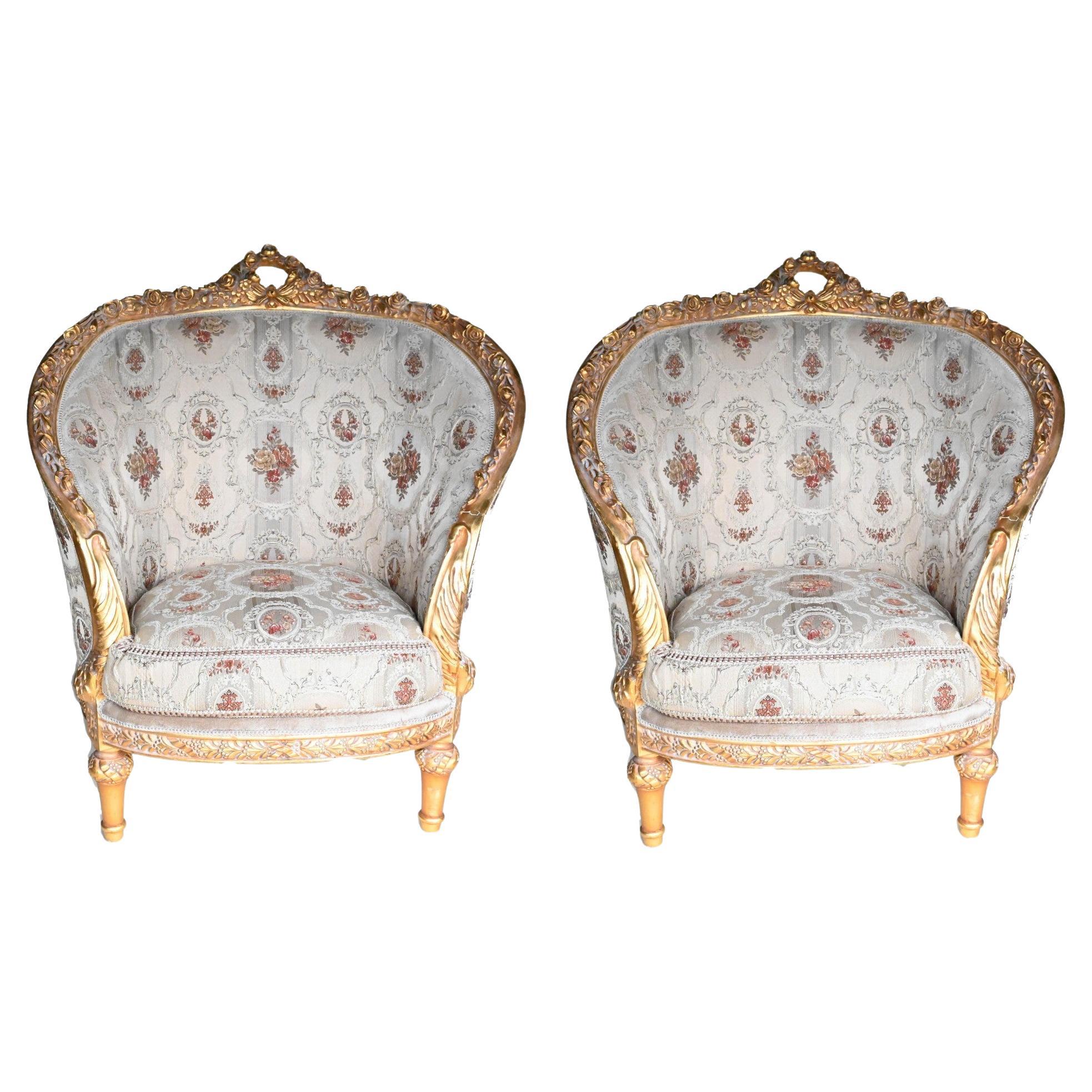 Pair French Louis XVI Tub Chairs Gilt Arm Chair For Sale