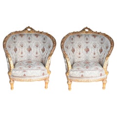 Retro Pair French Louis XVI Tub Chairs Gilt Arm Chair