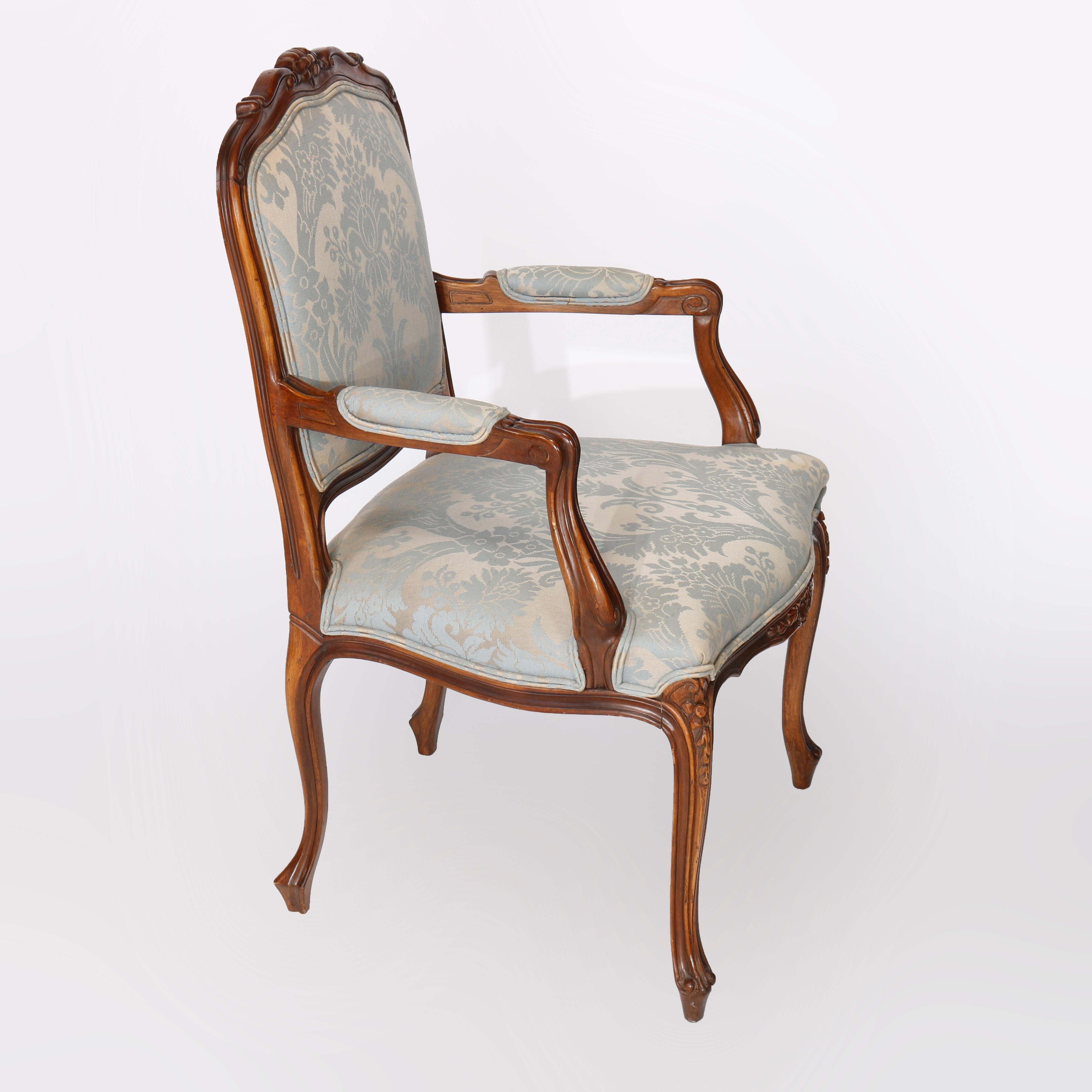 Pair French LouisXV Style Carved Fruitwood Fauteuil Arm Chairs 20th C In Good Condition In Big Flats, NY