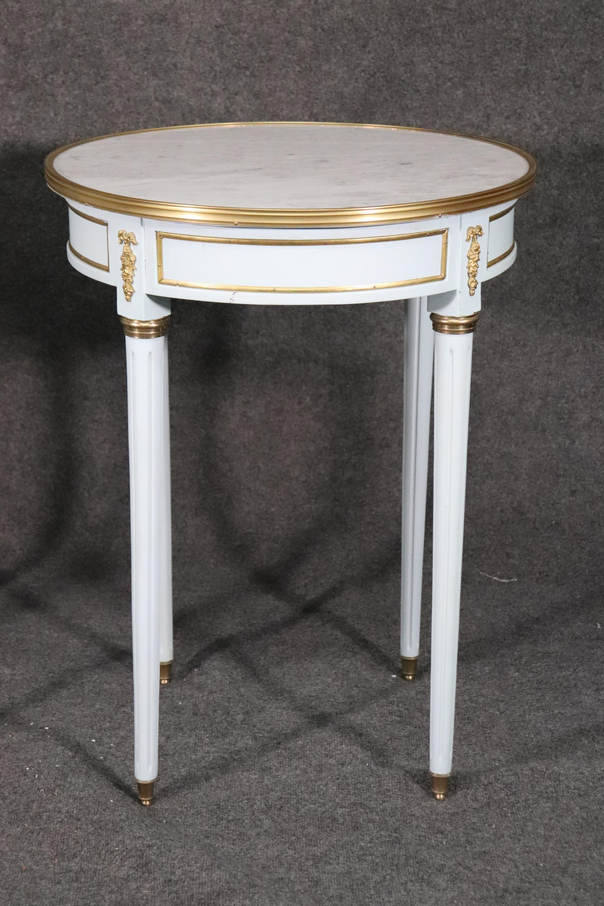 Pair of French Louis XVI Blue Lacquered White Marble-Top Guéridon End Tables 7