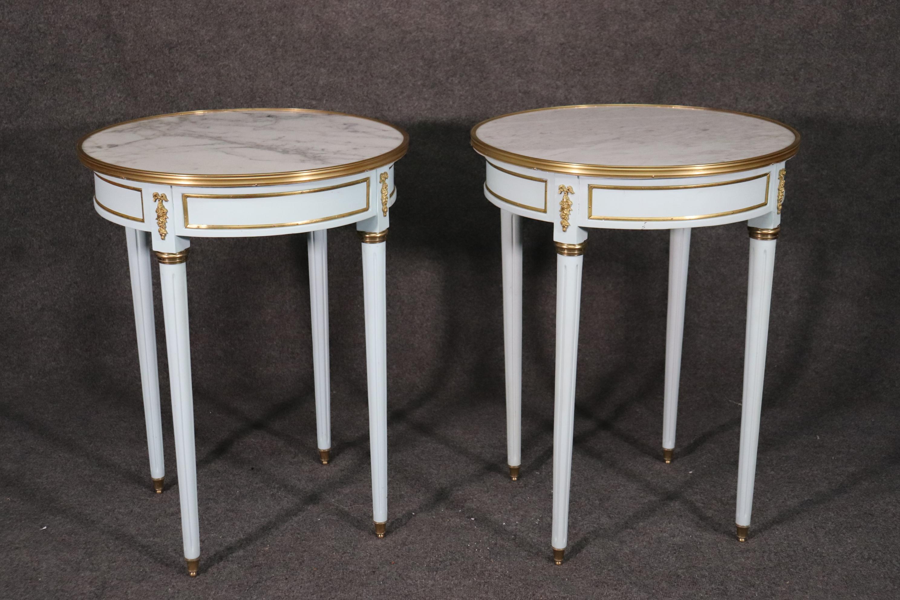 Late 20th Century Pair of French Louis XVI Blue Lacquered White Marble-Top Guéridon End Tables