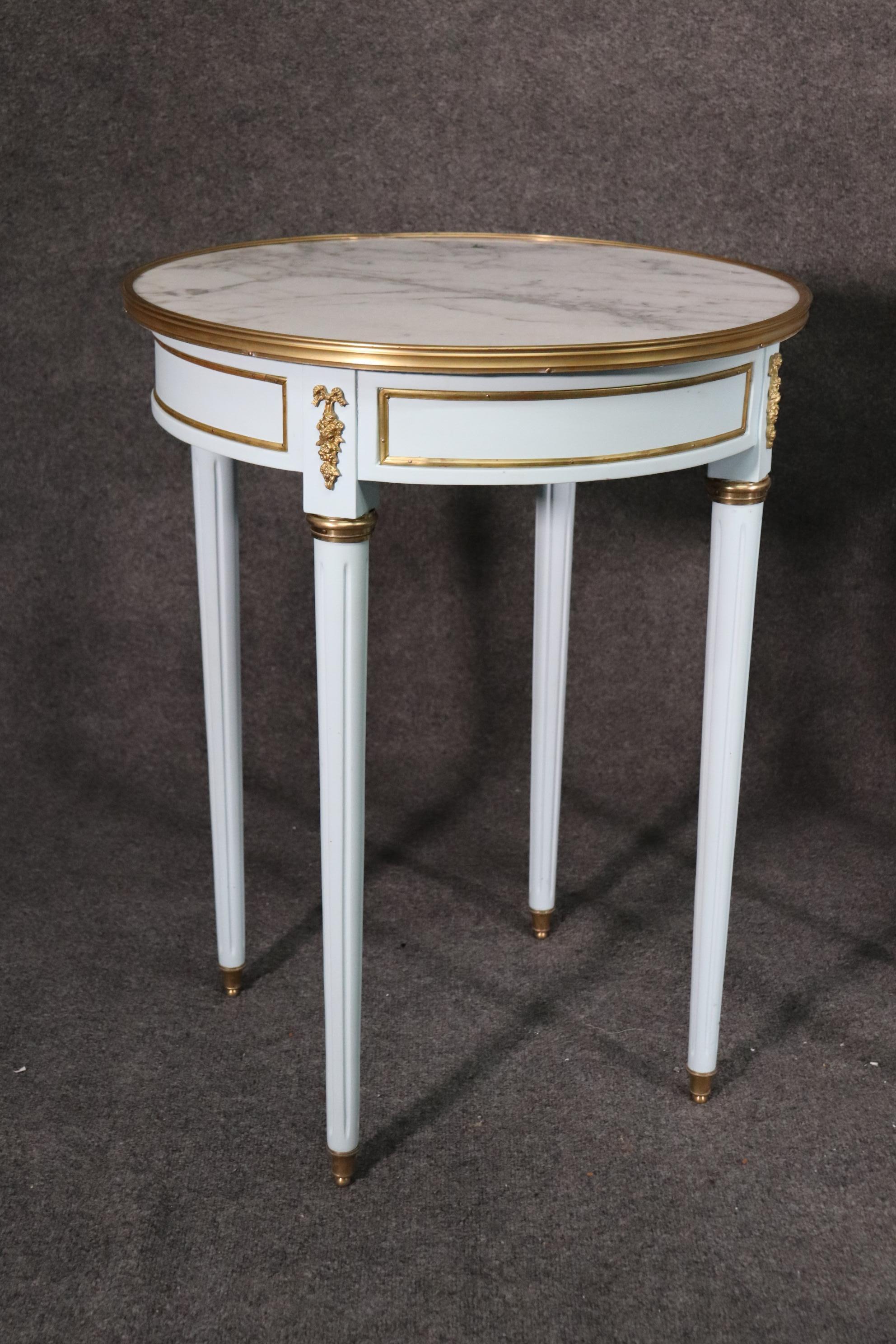 Walnut Pair of French Louis XVI Blue Lacquered White Marble-Top Guéridon End Tables