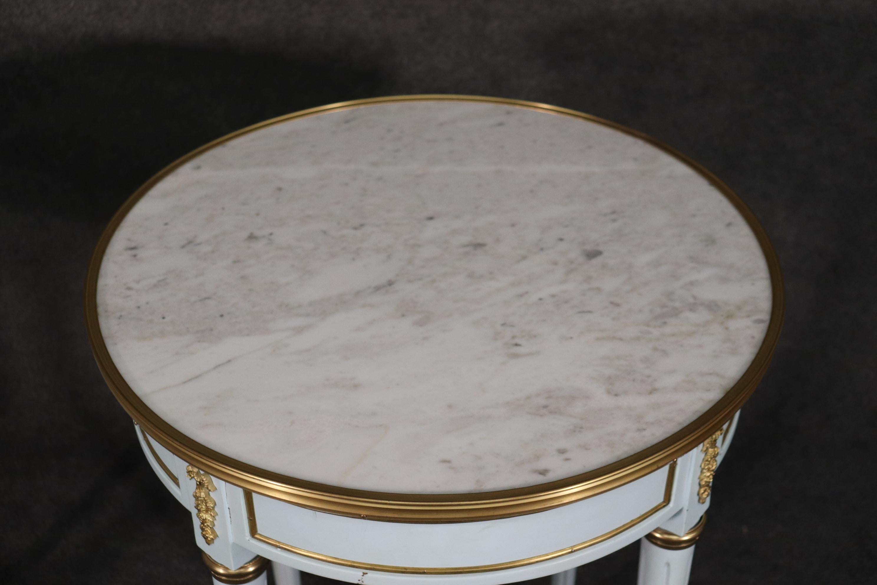 Pair of French Louis XVI Blue Lacquered White Marble-Top Guéridon End Tables 1