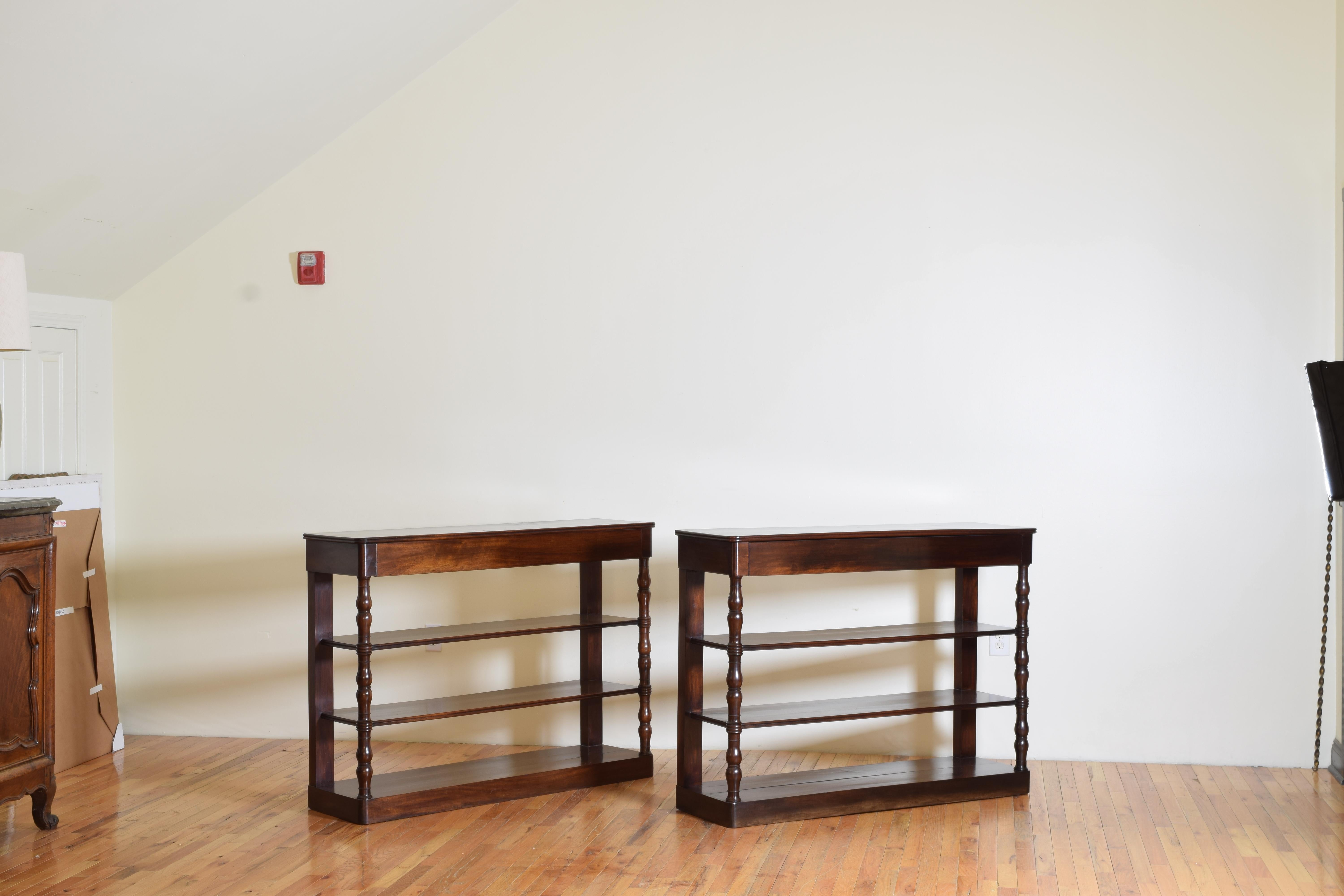 Pair French Mahogany Louis Philippe Period 1-Drawer Etagere Consoles, 2ndq 19thc In Good Condition In Atlanta, GA