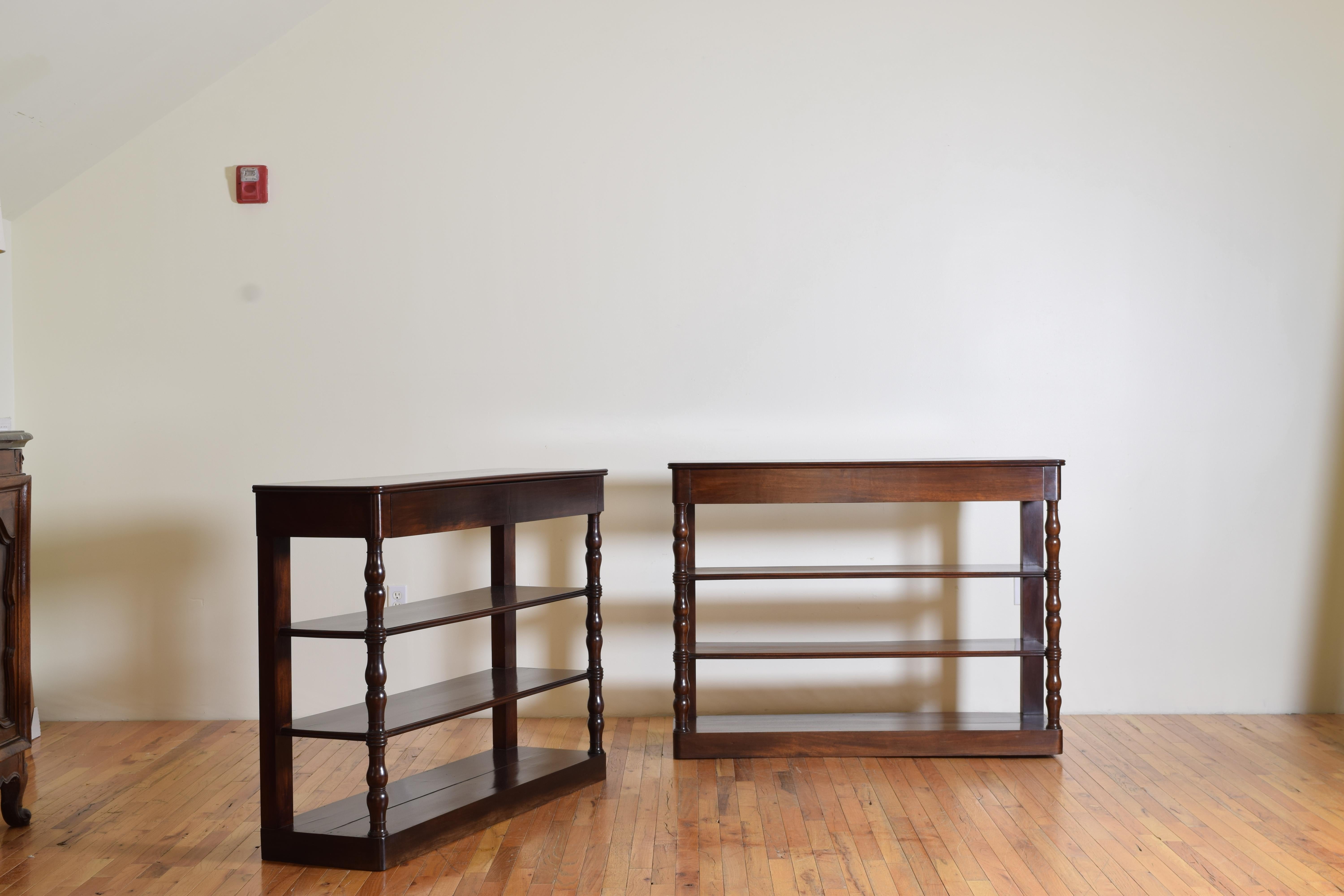 Mid-19th Century Pair French Mahogany Louis Philippe Period 1-Drawer Etagere Consoles, 2ndq 19thc