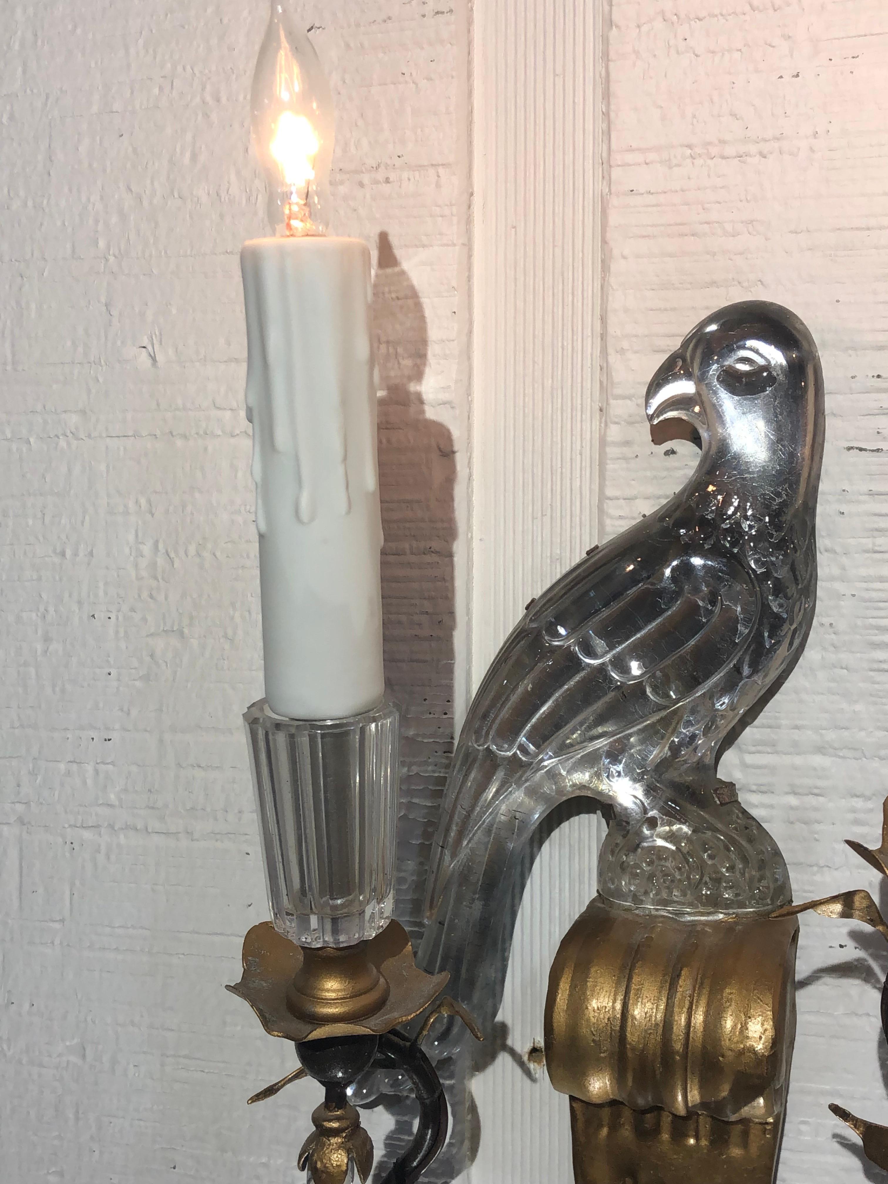 Hand-Crafted  Pair French Maison Baguès  Crystal Parrot Sconces, Early Twentieth Century