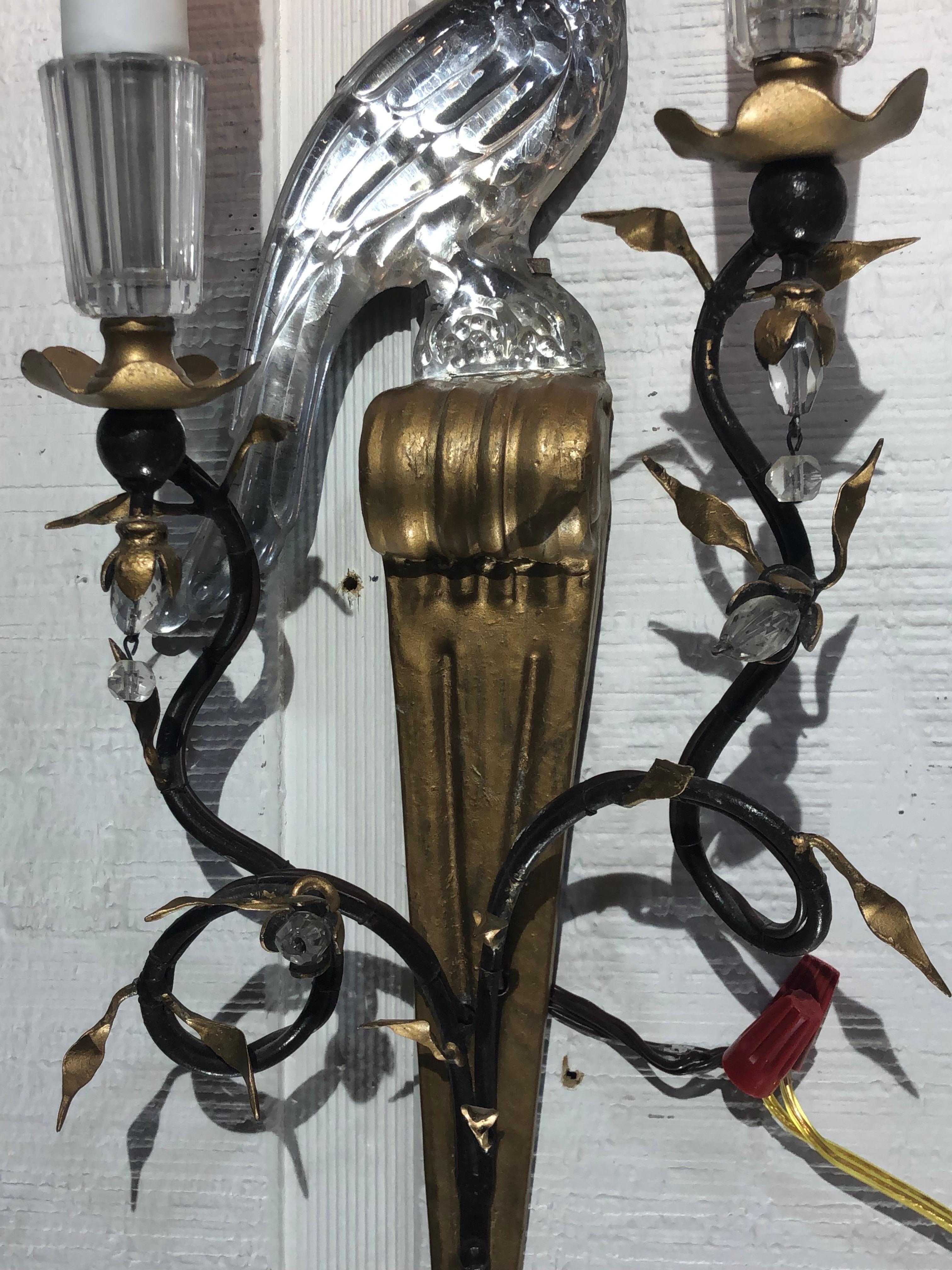  Pair French Maison Baguès  Crystal Parrot Sconces, Early Twentieth Century In Good Condition In Charleston, SC