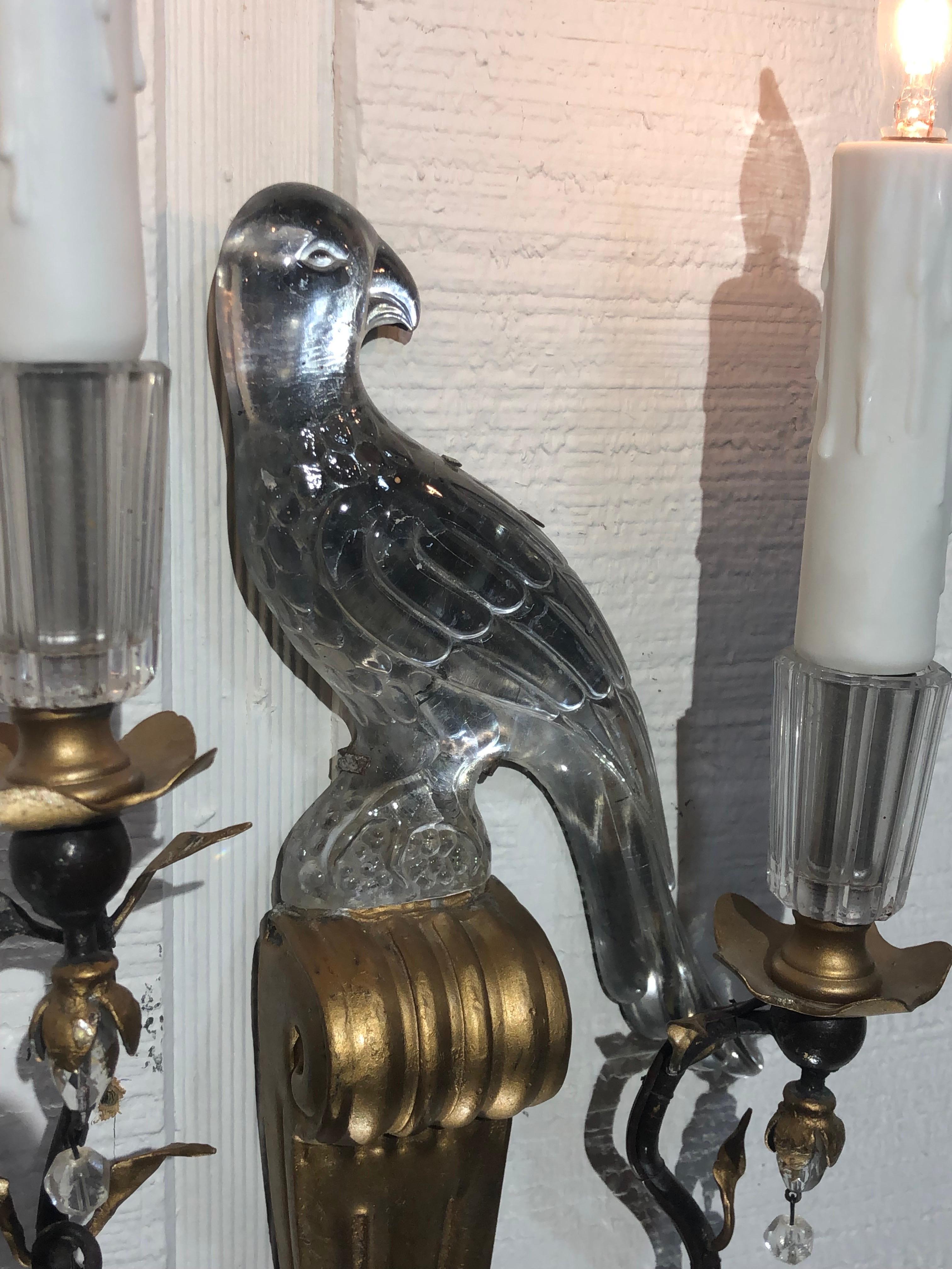 20ième siècle  Paire de Maison Baguès françaises  Appliques de perroquet en cristal, début du Twentieth siècle