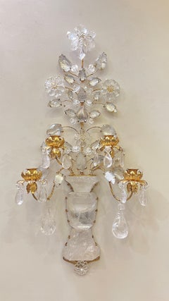 Pair French Maison Bagues Style Rock Crystal Gilt Metal 4-Light Sconces
