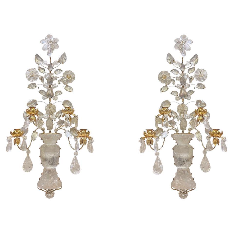 Pair French Maison Bagues Style Rock Crystal Gilt Metal 4-Light Sconces