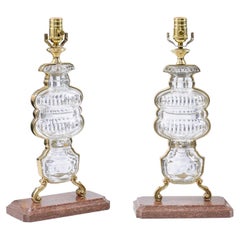 Pair French Maison Baguès Style Table Lamps, Neoclassical Glass Bodies w/Brass