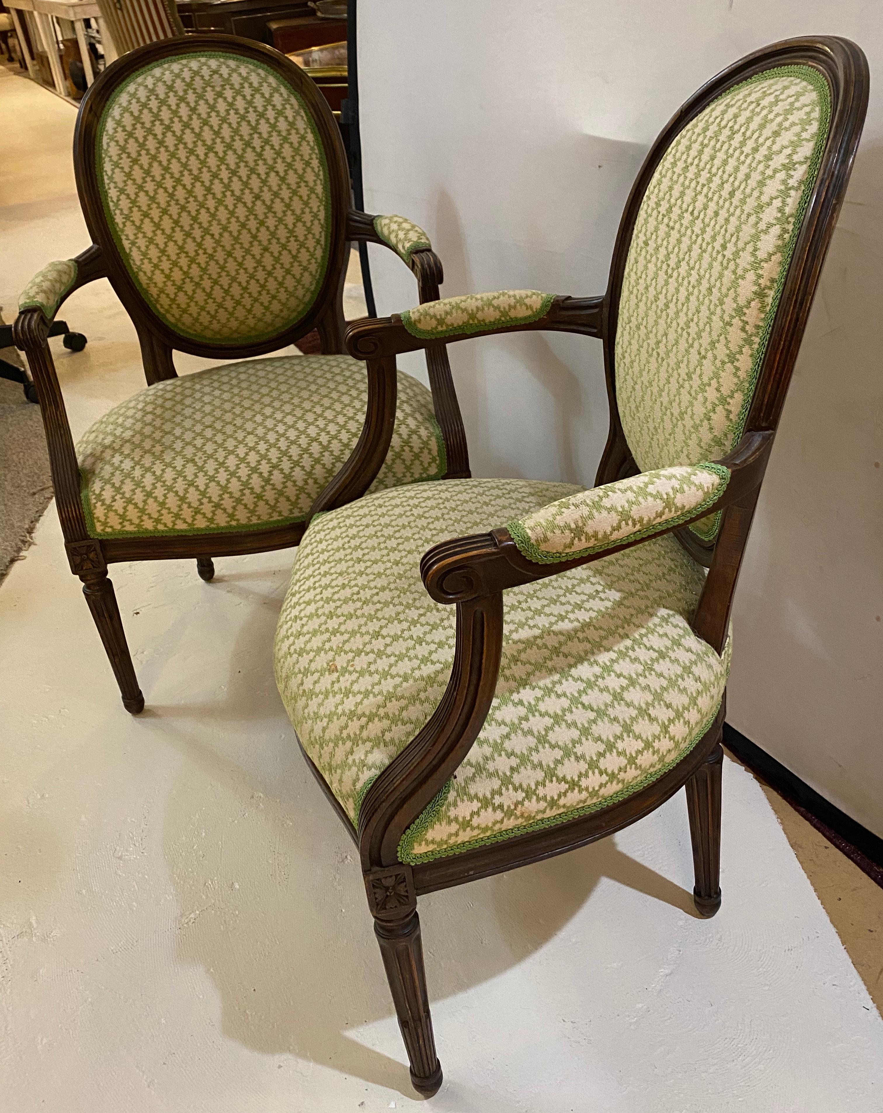 Fabric Pair of French Maison Jansen Bergeres or Armchairs in Walnut, Stamped JANSEN