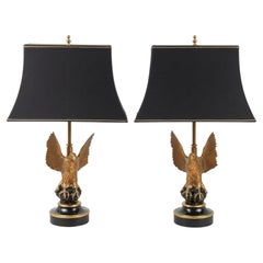 Pair French Maison Jansen black/gold eagle table lamps with black silk shades