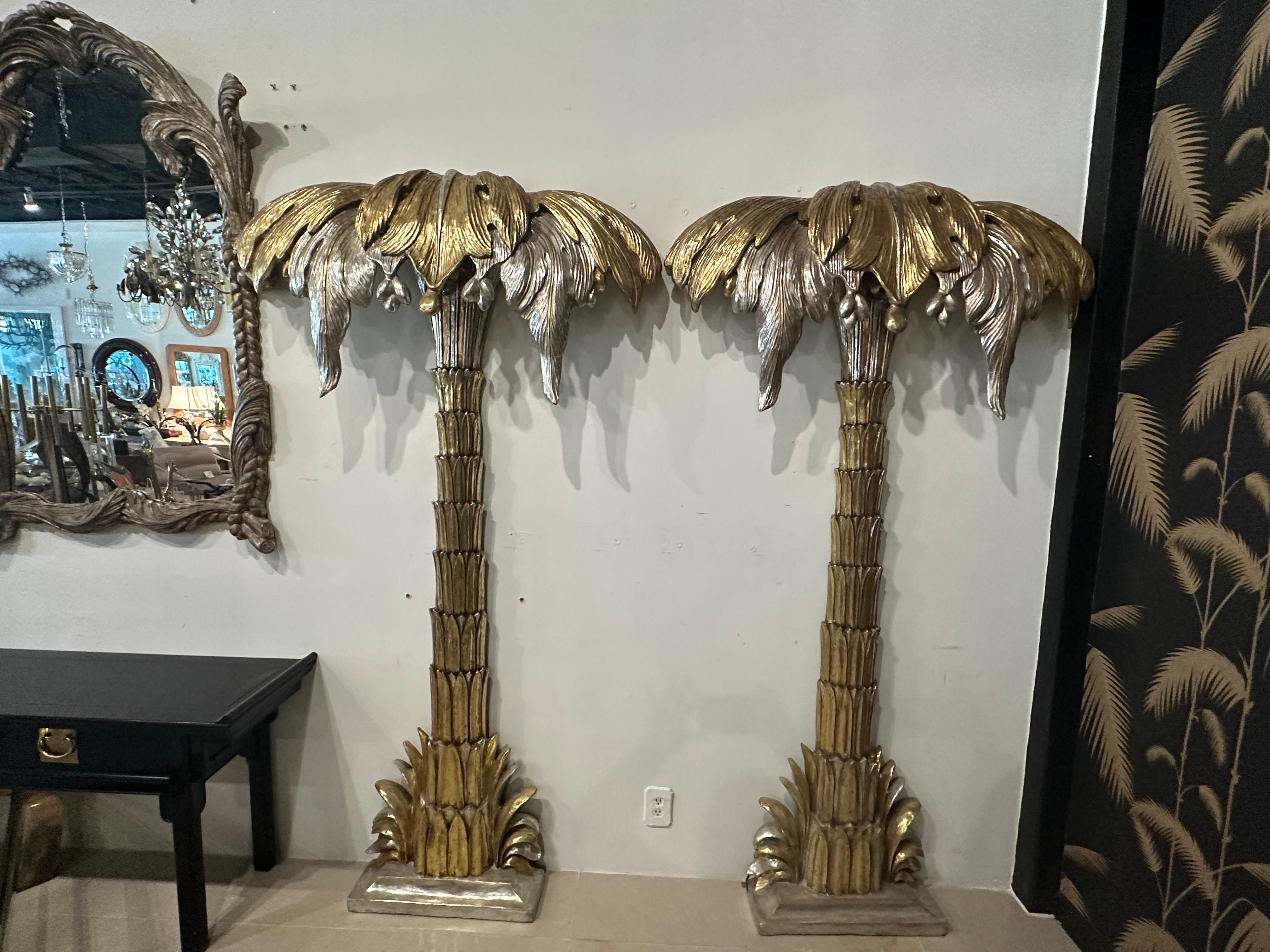  Pair French Maison Jansen Palm Tree Gold Silver Gilt Floor Wall Light Sconces For Sale 8
