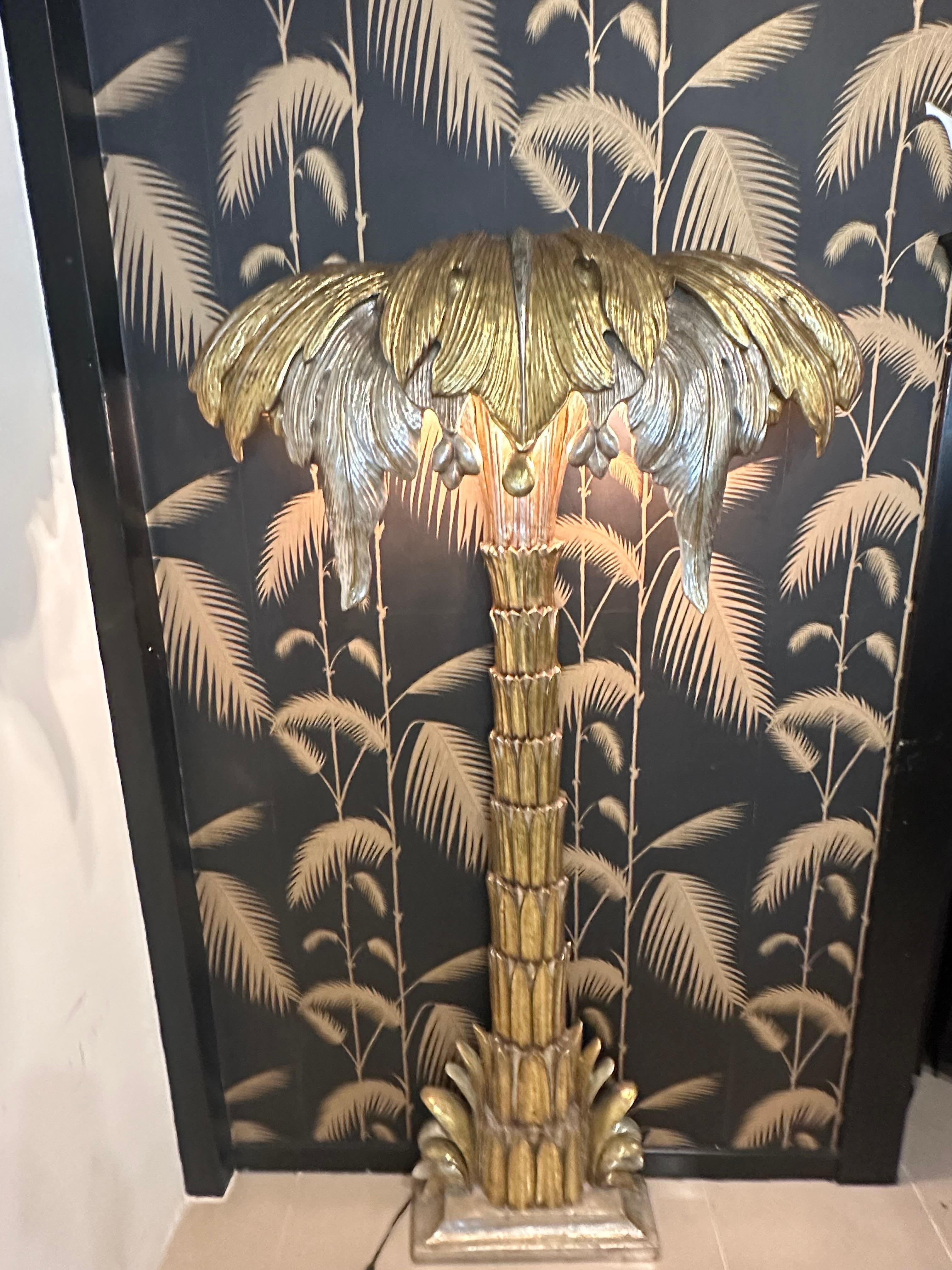  Pair French Maison Jansen Palm Tree Gold Silver Gilt Floor Wall Light Sconces For Sale 12