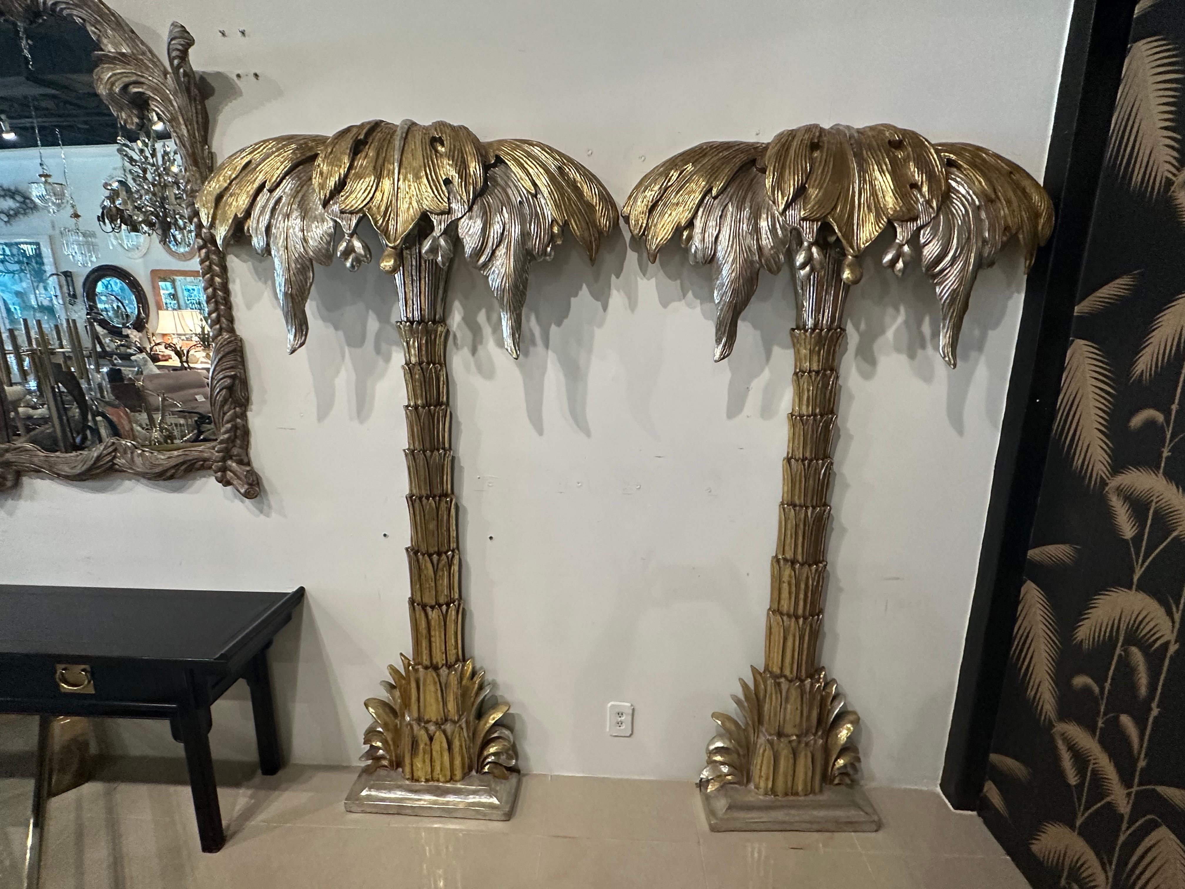  Pair French Maison Jansen Palm Tree Gold Silver Gilt Floor Wall Light Sconces For Sale 14