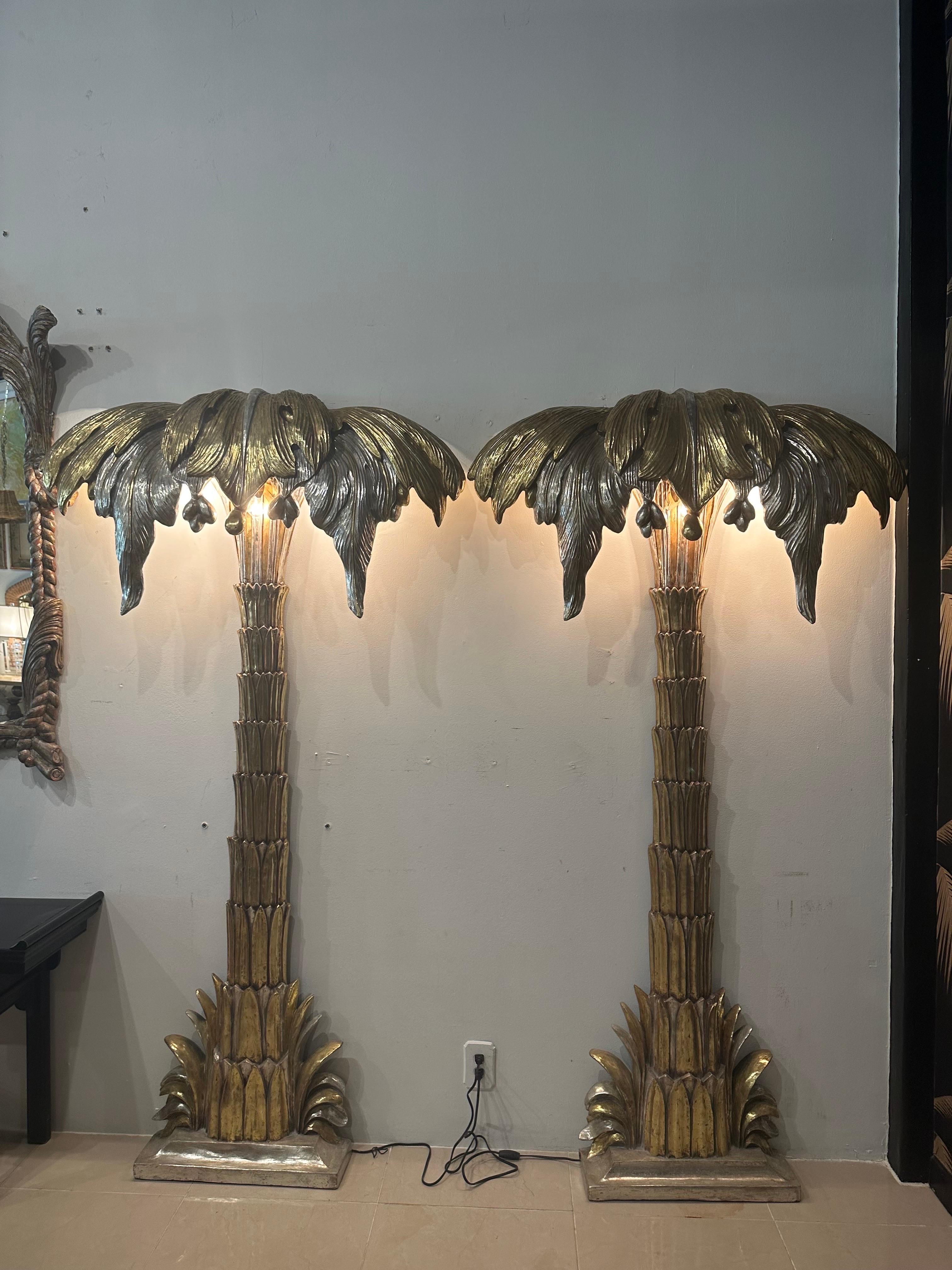 Hollywood Regency  Pair French Maison Jansen Palm Tree Gold Silver Gilt Floor Wall Light Sconces For Sale