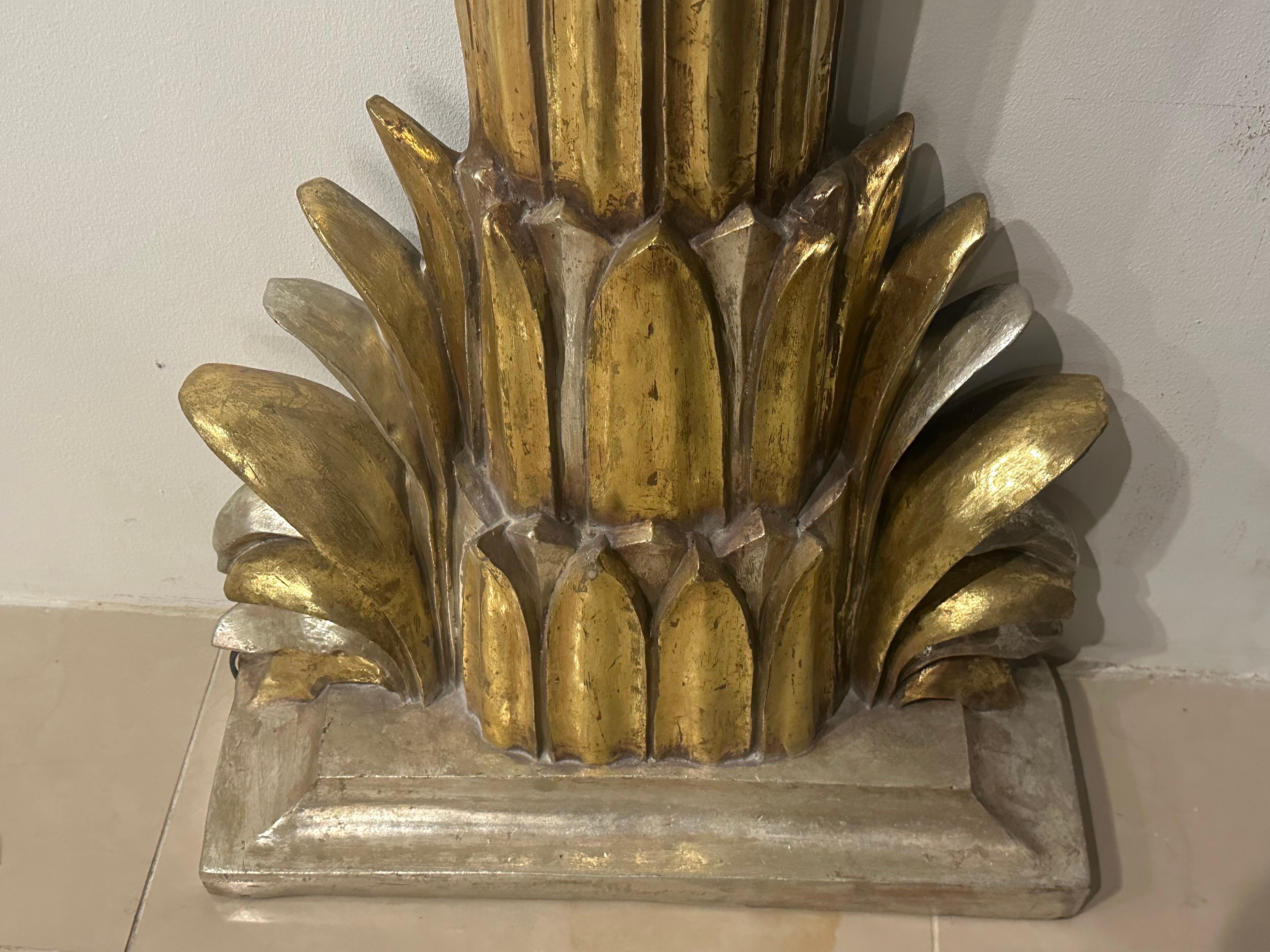  Pair French Maison Jansen Palm Tree Gold Silver Gilt Floor Wall Light Sconces In Good Condition For Sale In West Palm Beach, FL
