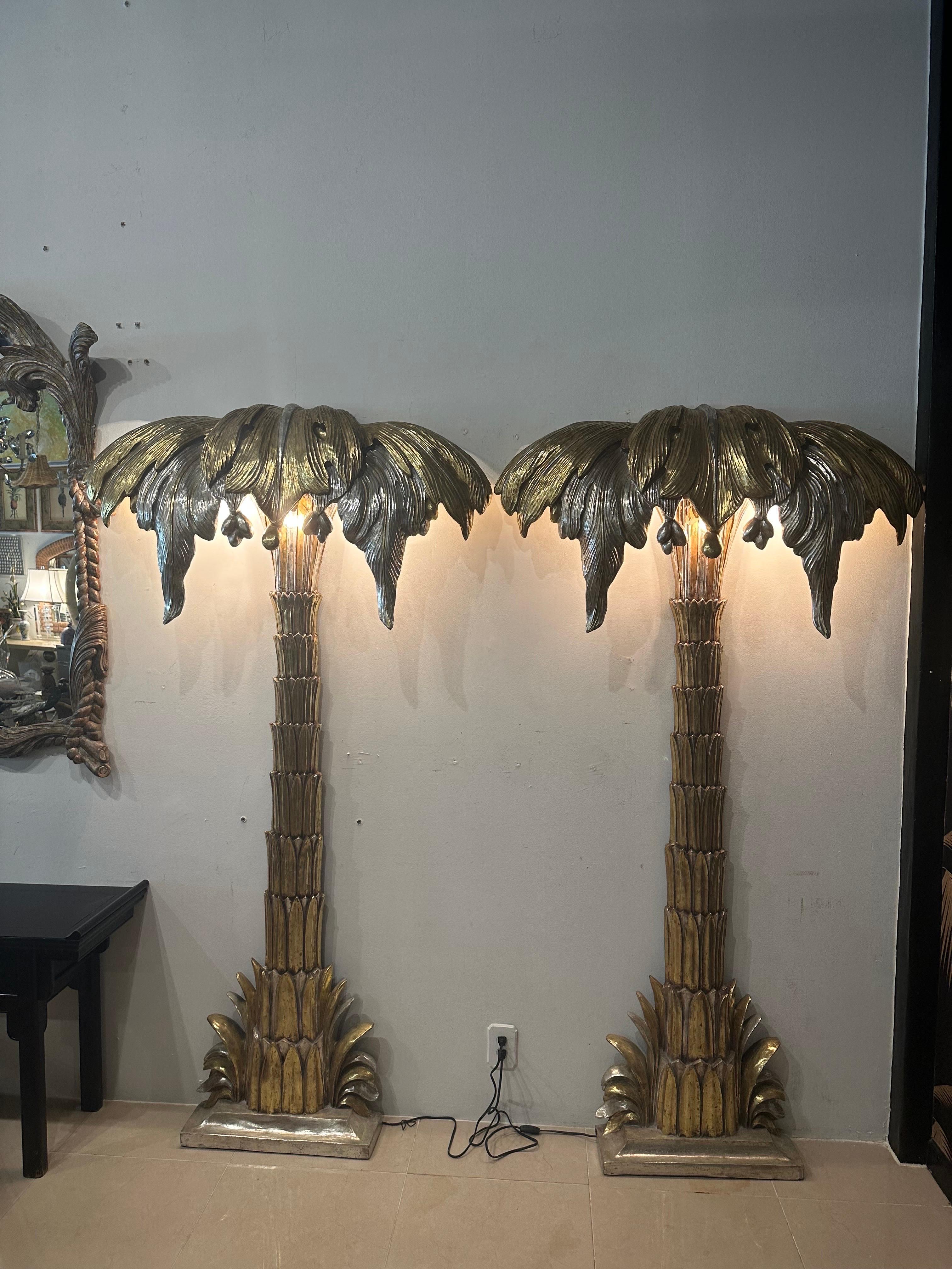 Mid-20th Century  Pair French Maison Jansen Palm Tree Gold Silver Gilt Floor Wall Light Sconces For Sale