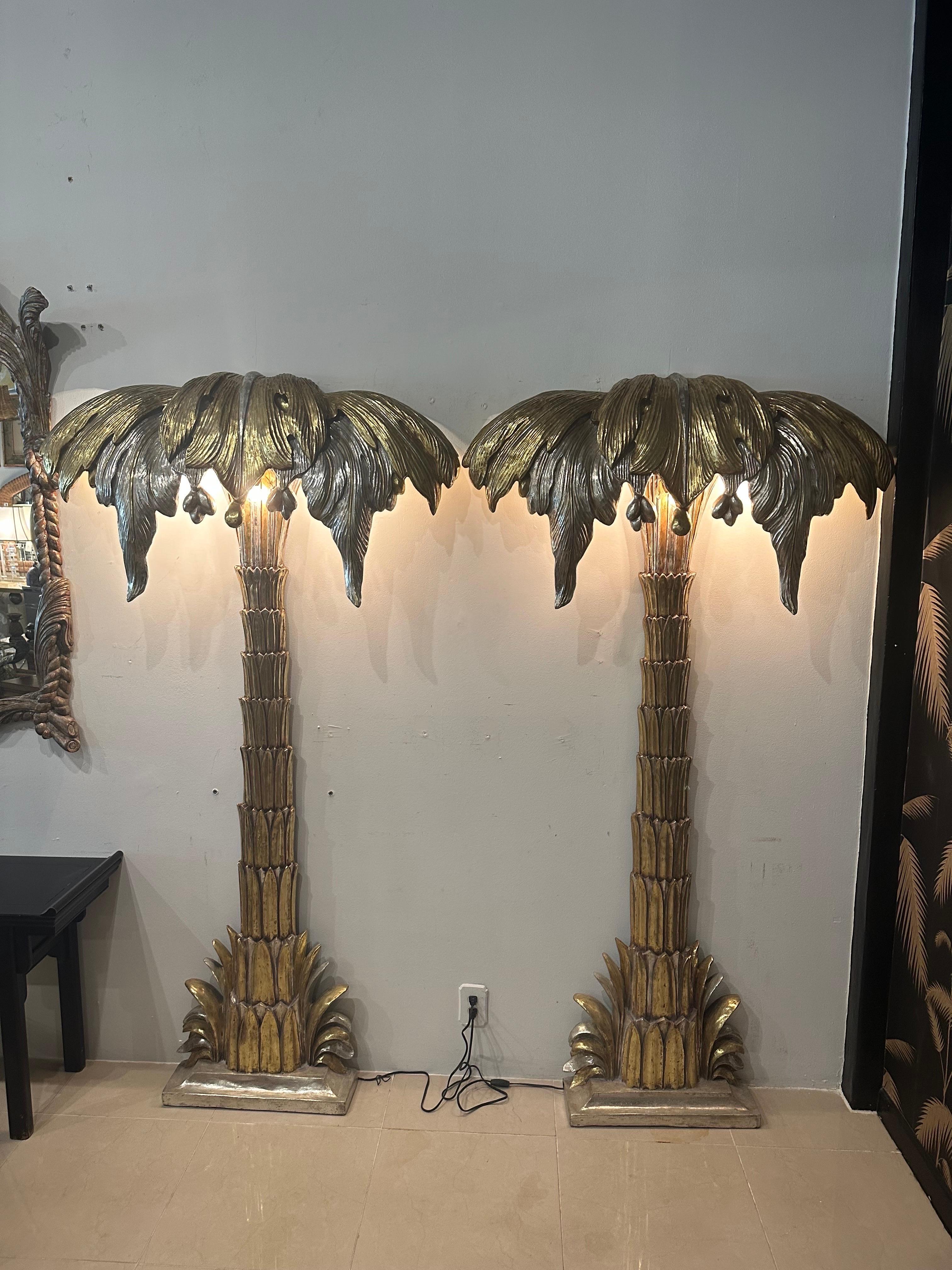  Pair French Maison Jansen Palm Tree Gold Silver Gilt Floor Wall Light Sconces For Sale 1