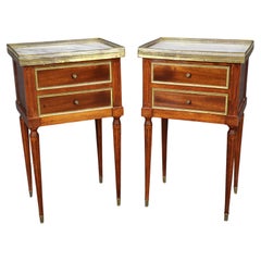 Pair French Maison Jansen Style Brass Trimmed Marble Top Louis XVI Nightstands