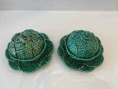 Pair French Majolica Small Green Cabbage Covered Tureens, Sarreguemines