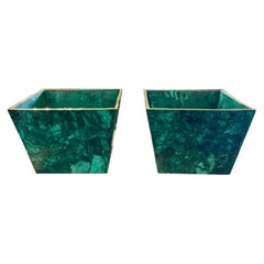 Pair French Malachite Planters with Brass Trim