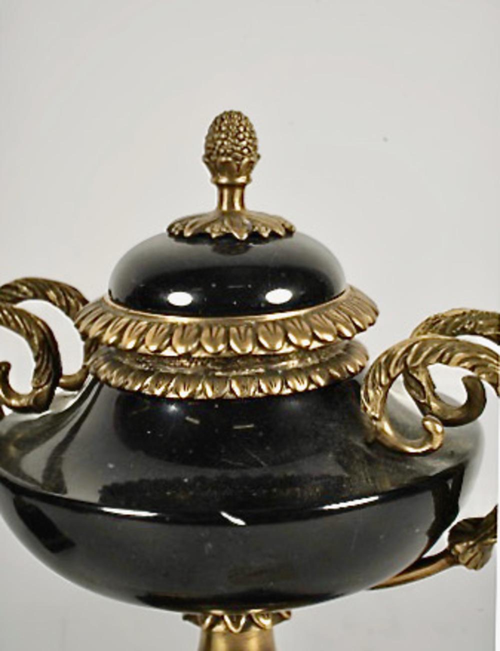 Si tratta di una classica coppia di urne francesi del 1950 circa rivestite in marmo e bronzo. I vasi in marmo sono sostenuti da zoccoli in bronzo e sono dettagliati con maniglie laterali a foglie d'acanto elaborate in bronzo. I coperchi sono